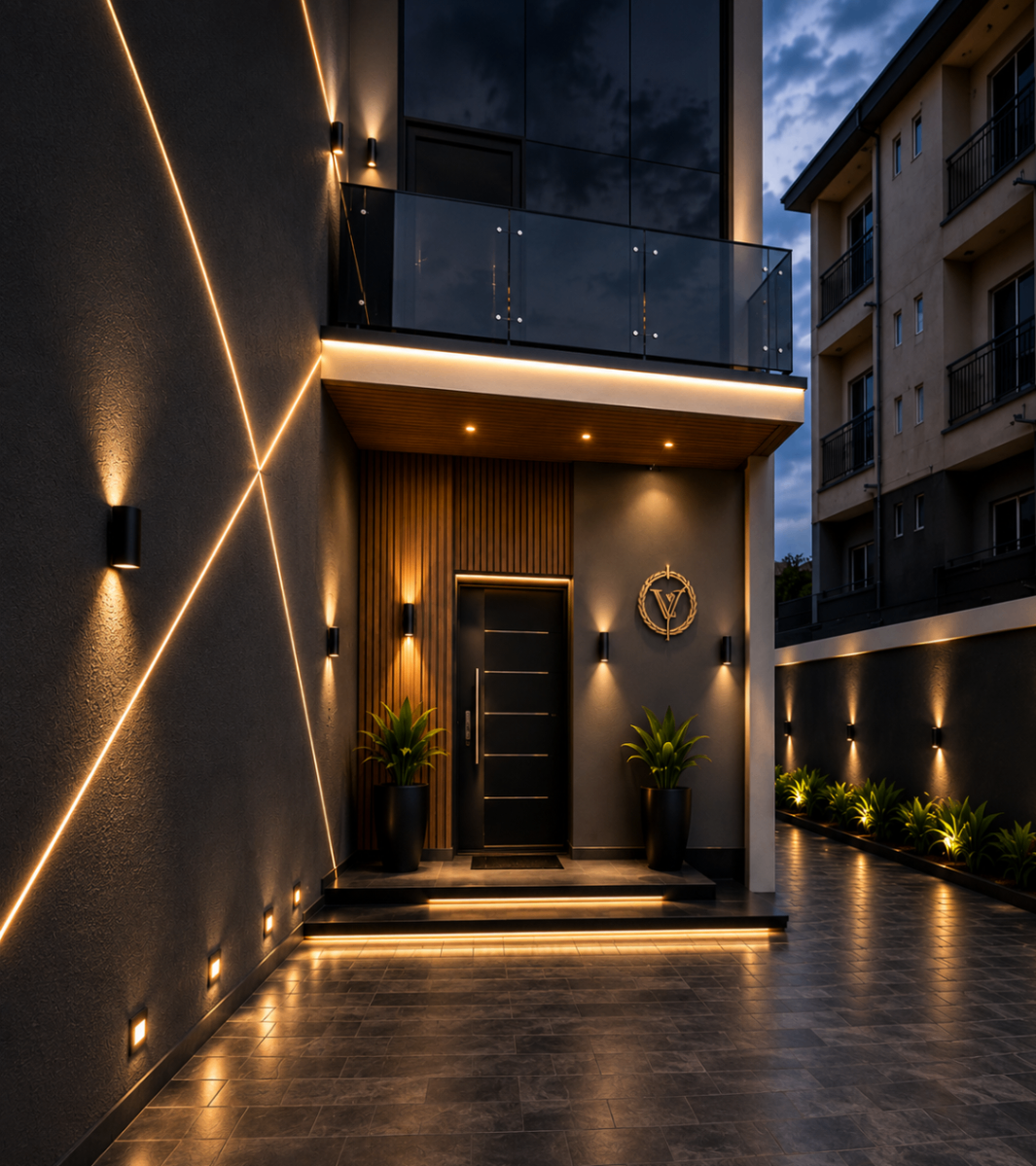 Verish Court private entrance with illuminated facade