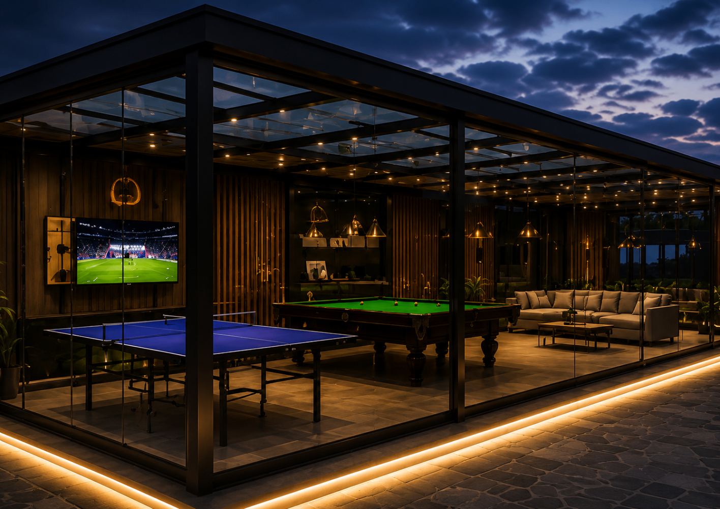 Verish Court entertainment pavilion with billiards and lounge seating