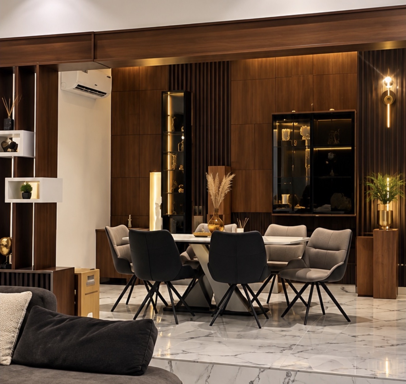 Verish Court dining room with marble floors and ambient lighting