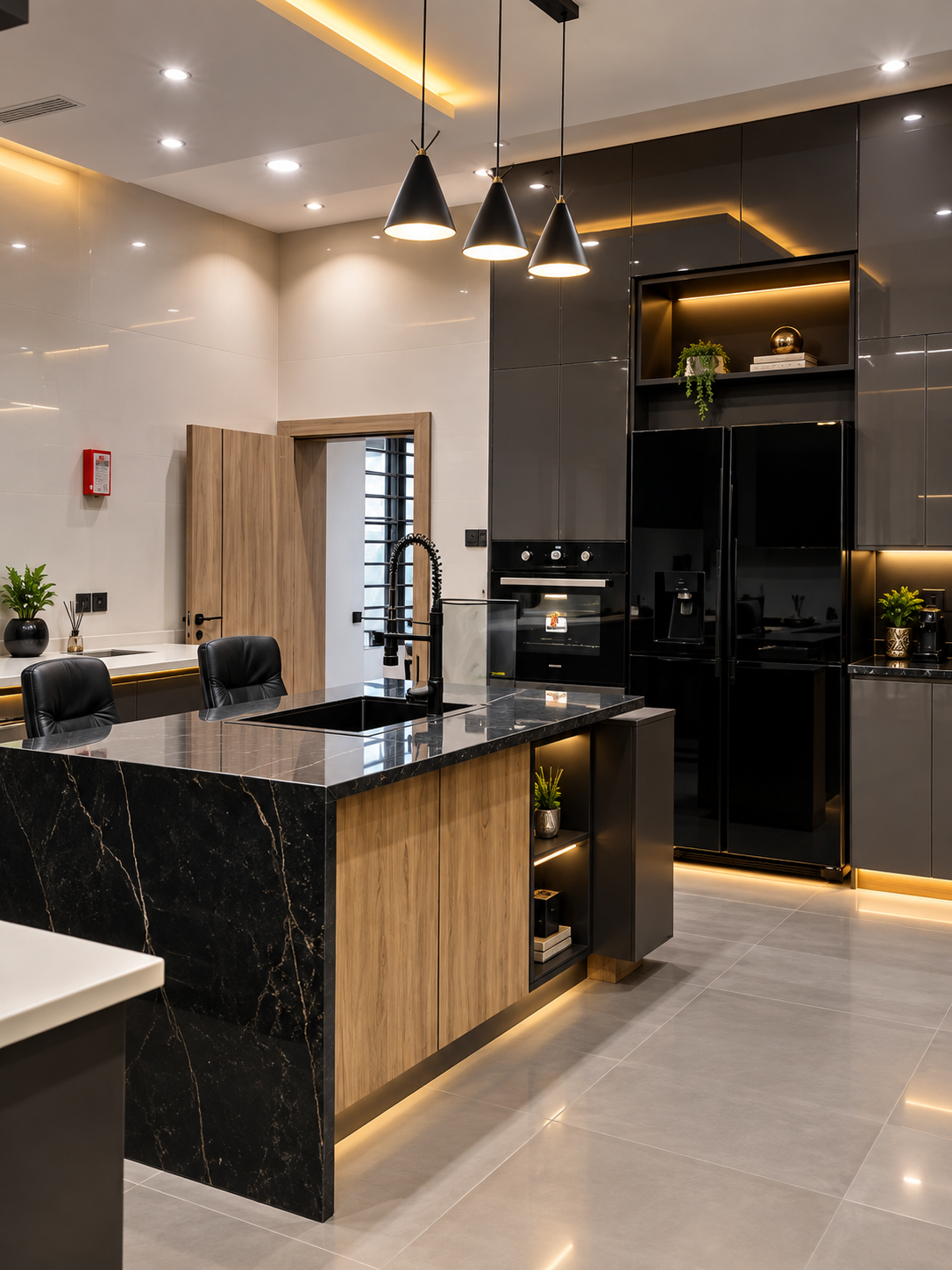 Dark cabinetry, marble surfaces and a generous island.