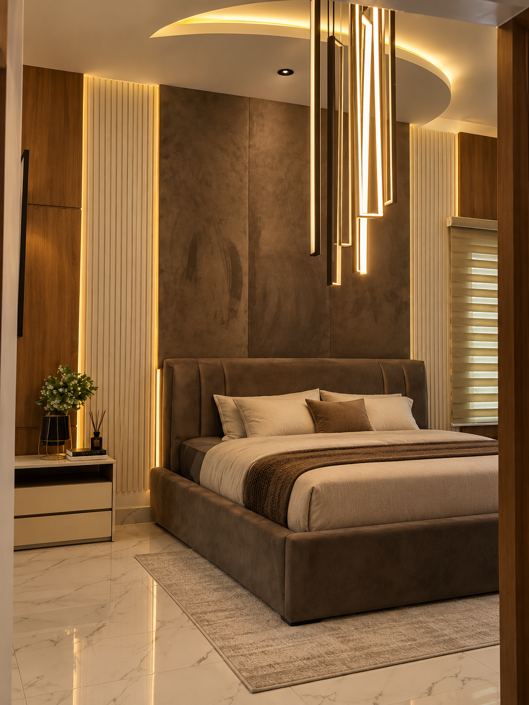 A panelled suite in suede and warm cove light.
