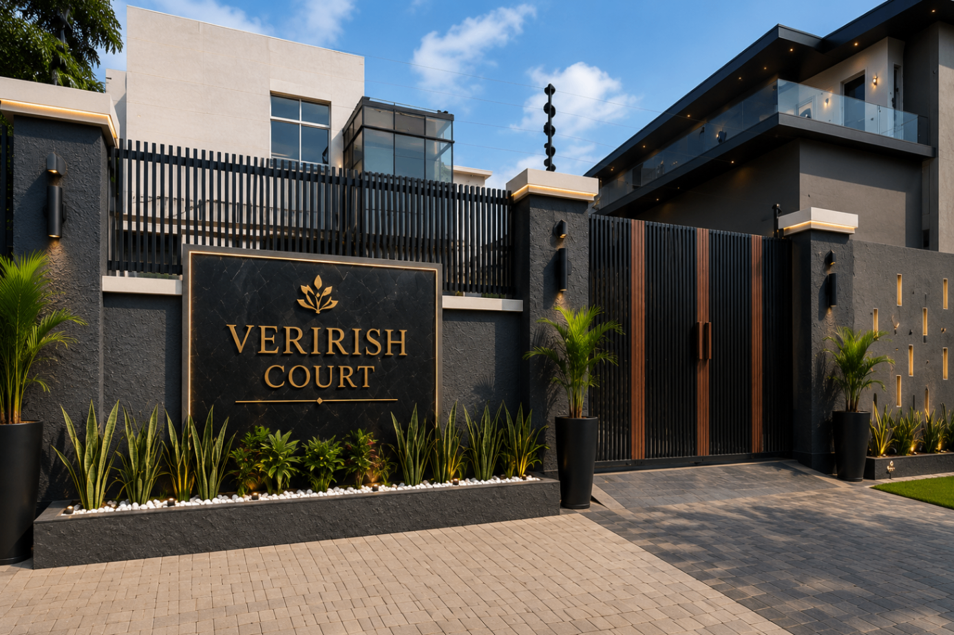 Verish Court private estate entrance gate at golden hour