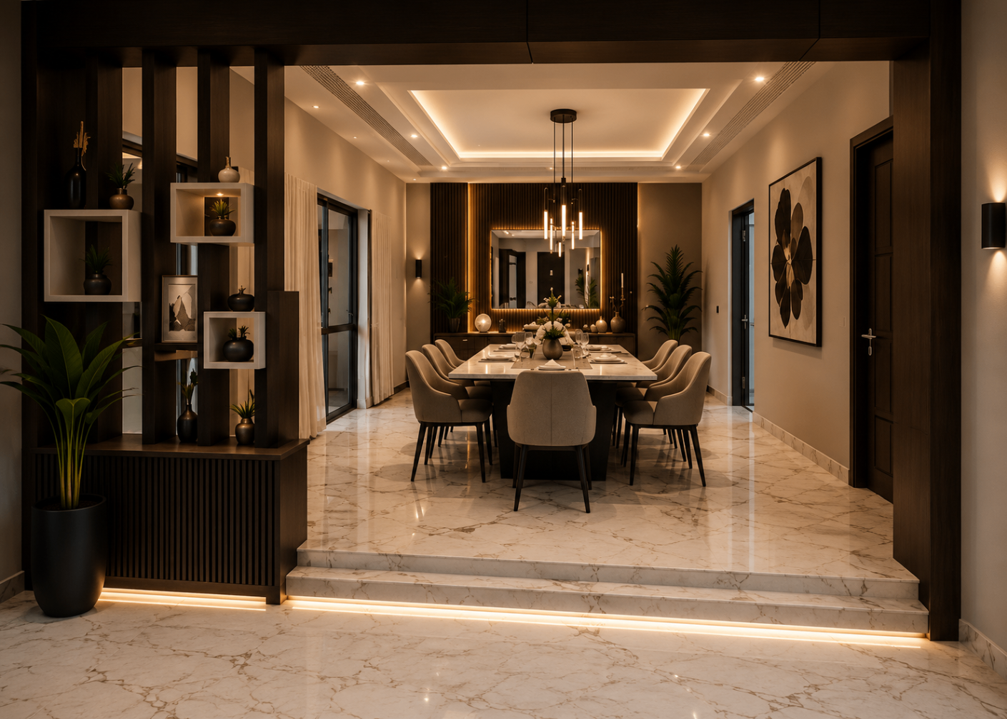 Verish Court dining room with marble floors and ambient lighting