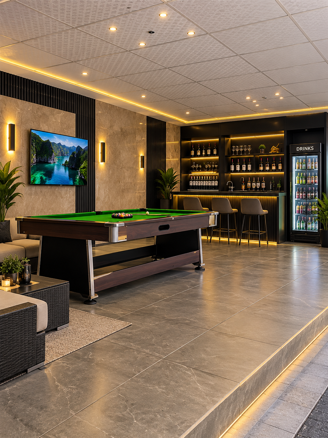 Verish Court entertainment pavilion with billiards and lounge seating