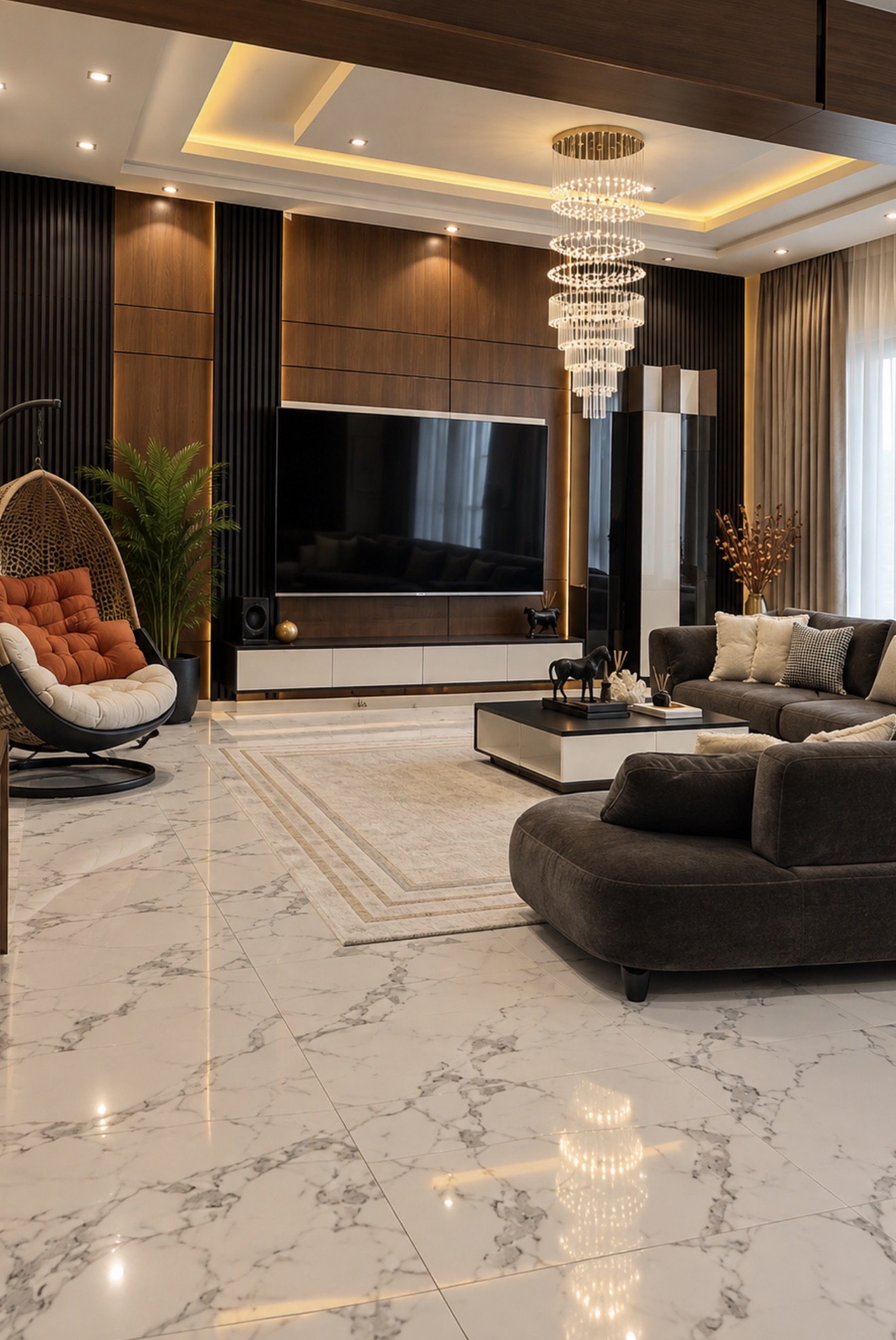 Verish Court living room with warm lighting